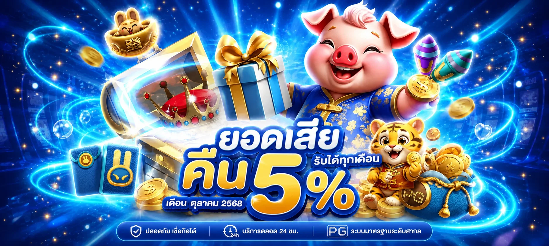 แบนเนอร์ GSPSLOT คืนยอดเสียรายเดือนพร้อมตัวละคร PG Soft